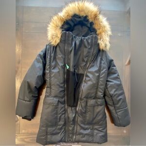 Woman’s baby wearing Winter Coat with Faux Fur Hood